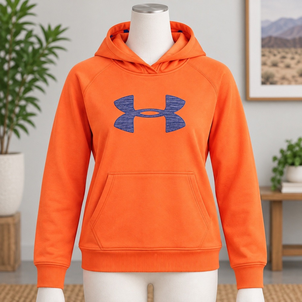Under Armour Storm Hoodie Mens Large Orange Blue Logo Pullover Sweatshirt